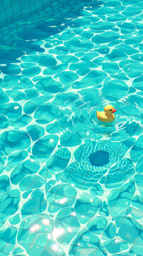 A yellow rubber duck floats on the surface of clear blue pool water, surrounded by ripples and sunlight reflections over tiled flooring
