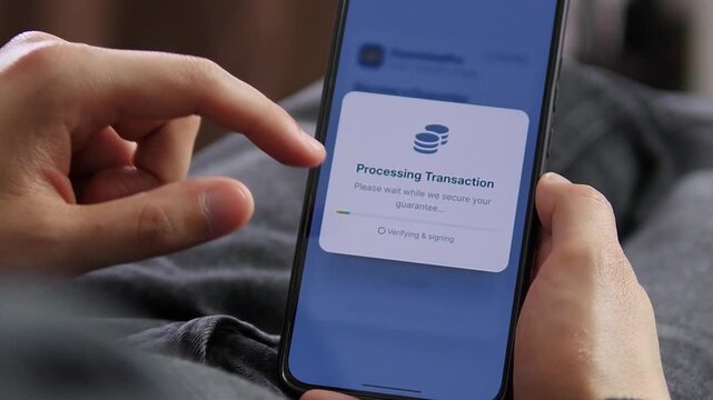 Digital finance sequence shows a person accepting guarantor status, transaction verification and binding obligations if the borrower defaults.