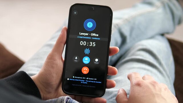 Smartphone showing live legal consultation call at 00:30 with attorney-client privilege notice. Interface features speaker, keypad, and end buttons. 