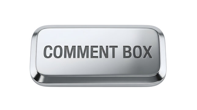 A shiny metallic rectangular button with the text COMMENT BOX embossed in capital letters, isolated on a transparent background, png, no background, cutout, reflective, chrome, label, feedback