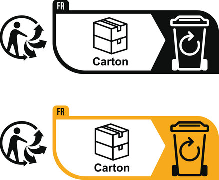 Multilingual Industrial Packaging Disposal Instruction Triman Icon Set with Recycling Carton Cardboard Bin Symbol in Black and Yellow