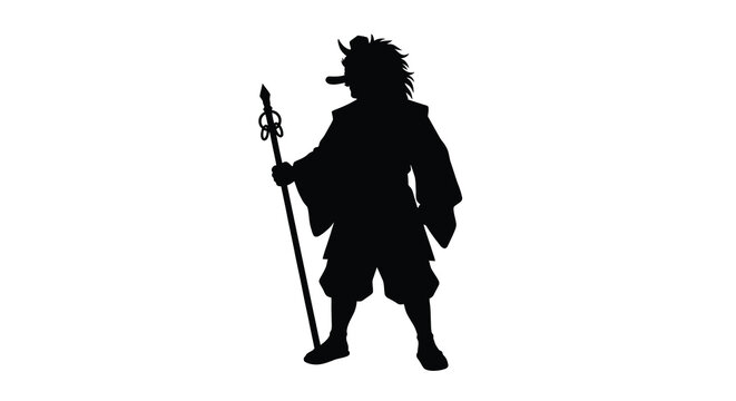 A dark silhouette of a person in historical clothing holding a staff against a white background silhouette figure