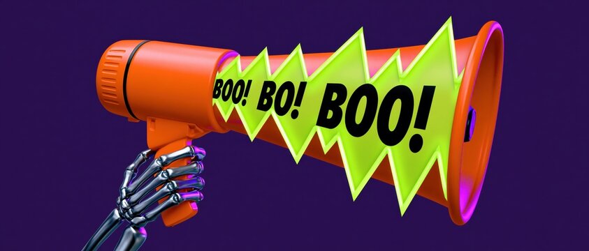 Halloween Skeleton Hand with Megaphone Shouting &ldquo;Boo&rdquo; on Purple Background &ndash; Spooky Party Promotion Concept