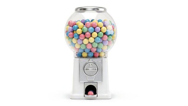 A vibrant white gumball machine filled with colorful pastel gumballs on a clean white background
