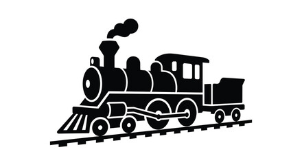 A black silhouette of a steam locomotive with smokestack and railroad tracks below vector illustration train engine transportation © Sumon