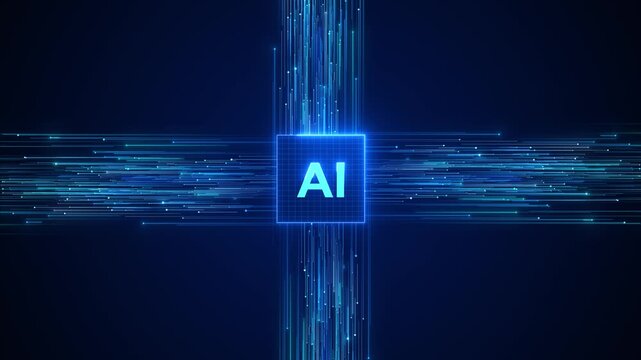 Artificial intelligence processor background glowing AI core, blue data streams, futuristic digital for machine learning , automation promos, software intros, cyber 19 innovation presentations