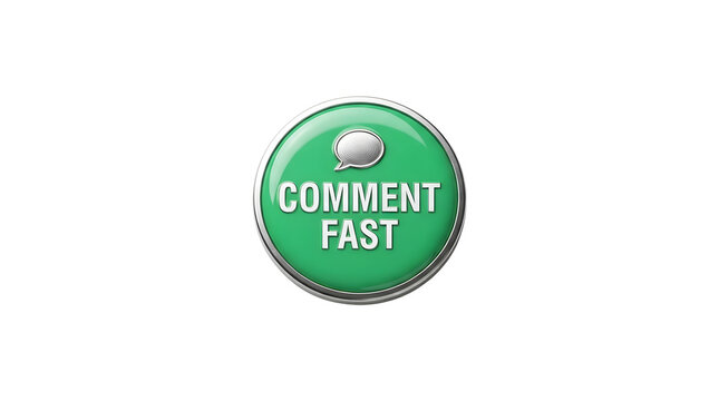 Green circular button with a speech bubble icon and the text COMMENT FAST, isolated on a transparent background with a metallic border and glossy finish, png, no background, cutout, graphic resource
