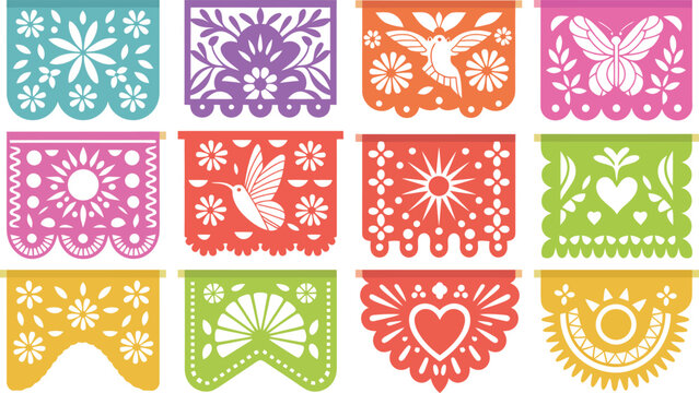Mexican Papel Picado Banners Set, Traditional Dia de los Muertos Cut Paper Party Flags Vector Illustration