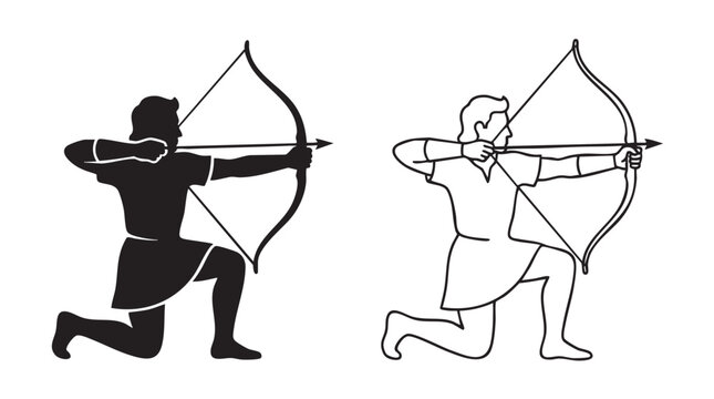 archer aiming bow arrow black silhouette outline art vector icon black silhouette black silhouette and outline art vector icon