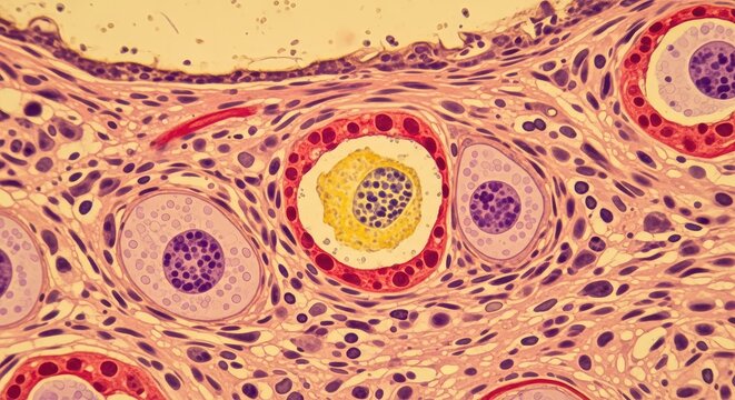 Microscopic view of ovarian follicle cells undergoing development, showing structures like granulosa and thecal cells under magnification