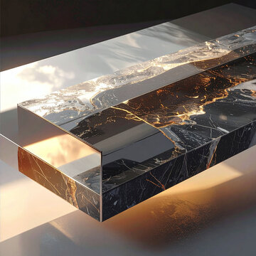 Abstract luxury pedestal crafted from dark marble and polished gold, reflecting warm sunset light. A minimalist architectural design evoking a sense of premium elegance. Nobody.