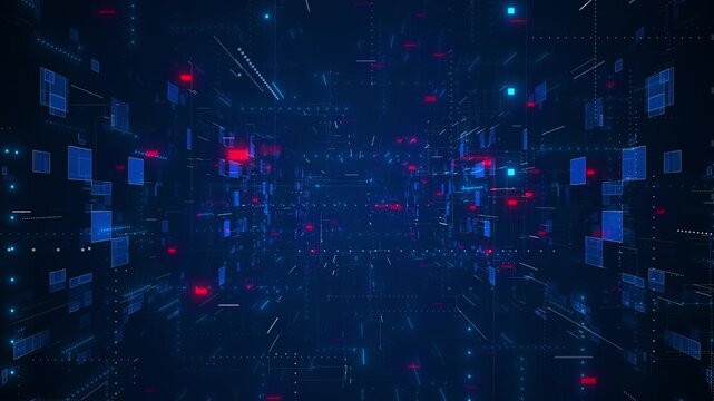 Digital data tunnel 19 background floating blue panels, glowing red elements, futuristic perspective motion. cyber , AI intros, network visuals, software promos, virtual reality presentations.