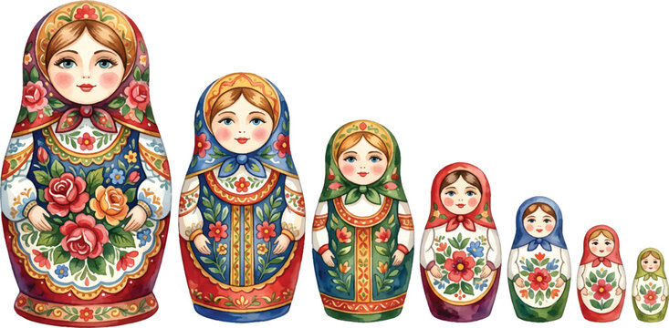 Vector Illustration Hand Painted Matryoshka Nesting Dolls Watercolor Clipart Set