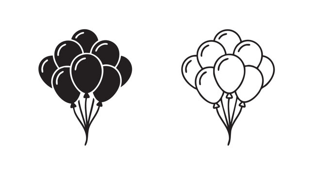 balloons floating upwards in black silhouette and outline art vector icon