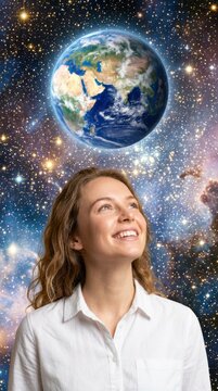 Woman looking at planet Earth in space. Female dreamer observing global galaxy universe.