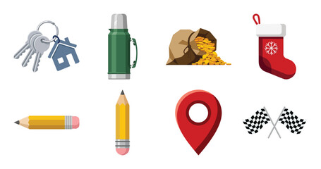 Set of colorful icons including keys mug gold coins pencil location flags and race flags symbolizing various daily life and activity themes © zamart