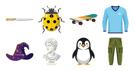 variety of colorful toys and accessories including a magic wand ladybug plush and casual clothing for children and kids activities © zamart