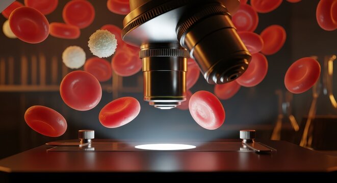 Microscope examining red and white blood cells, symbolizing medical research, science, and healthcare in a laboratory setting.