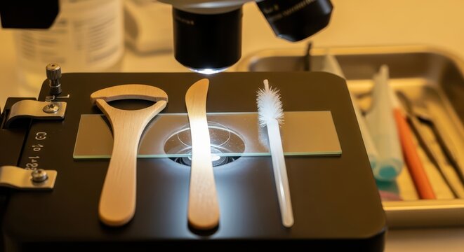 Microscopic examination of oral hygiene tools and sample slide on laboratory microscope stage