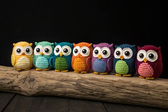 Row of colorful handmade crochet owl toys sitting on a wooden log with colorful