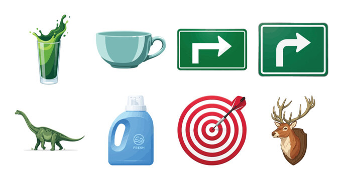 Various household and outdoor objects including a potted plant a mug directional signs a dinosaur figure dish soap a target with arrow and a deer head