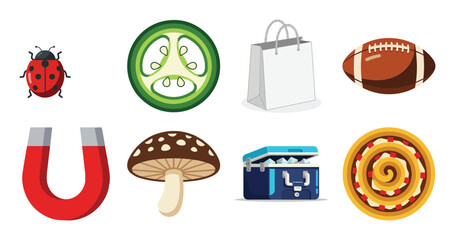 collection of colorful game and sports objects including ladybug skateboard helmet football magnet mushroom treasure chest and lollipop © zamart