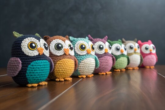 Line of colorful handmade crochet owl toys on wooden table with handmade