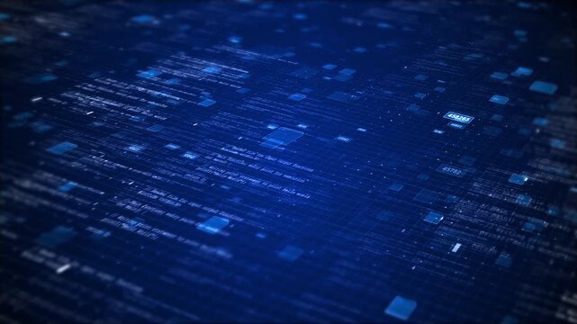 Blue digital data grid background floating panels, code lines, glowing squares, futuristic 19 depth. for AI videos, software demos, cyber security intros, finance visuals, data dashboards.