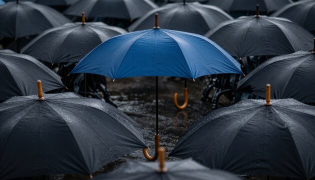 Blue Umbrella Standing Out in a Crowd of Black Umbrellas