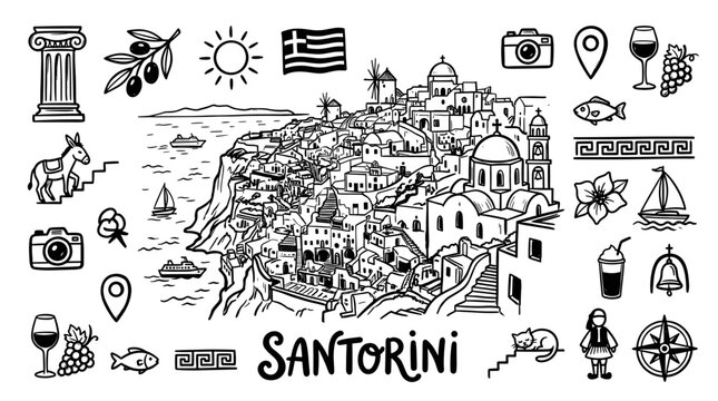 Santorini Greece Travel Doodle,  Hand Drawn Mediterranean Island Line Art Illustration