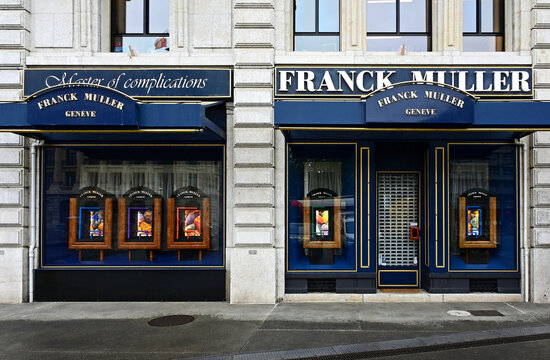 Geneva, Switzerland, Europe - 05.2026 : Boutique of Franck Muller - luxury watch manufacturer, these watches are worn by famous people like Arnold Schwarzenegger, Cristiano Ronaldo, David Beckham