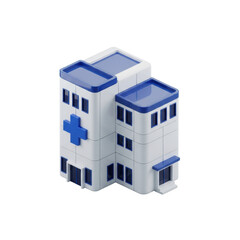 Naklejka premium Stylized modern 3d isometric hospital building with white modular walls, blue accents, and a medical cross icon on a transparent background professional healthcare concept