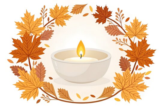Warm glowing candle inside a festive autumn leaf wreath for thanksgiving season