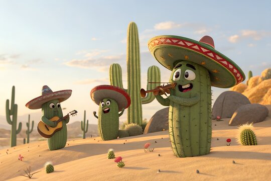 Three cheerful cartoon cacti wearing sombreros playing music in a sunny desert