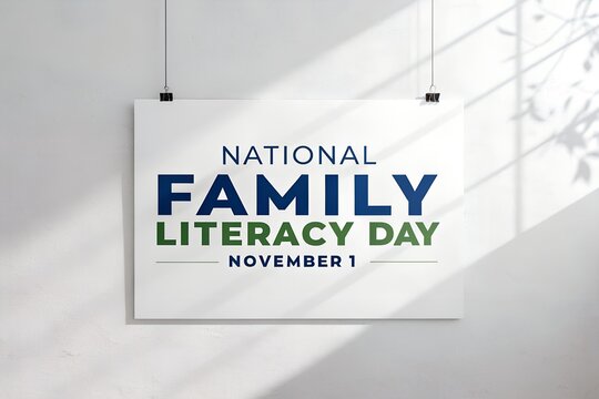 National family literacy day awareness sign on white wall with natural lighting