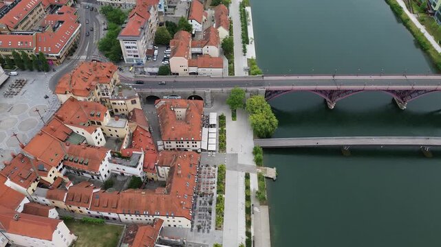 Drone Flight Over Maribor Main Square and the Historic Old Bridge Across the Drava River, Slovenia