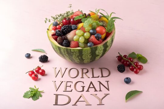 Fresh fruit salad in watermelon bowl for world vegan day celebration