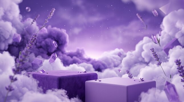 Empty product pedestal surrounded by lavender flowers and dreamy clouds with pedestal, lavender