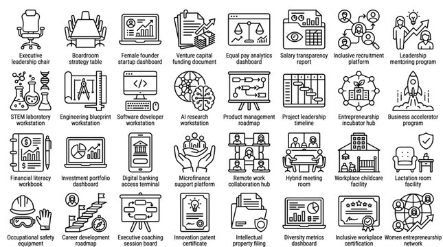 Business Startup Venture Capital Analytics and Remote Work Workspace Icon Set