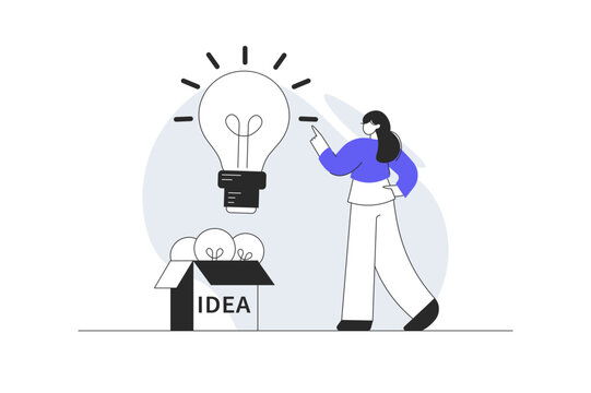 Creative Idea Discovery and Business Problem Solving Strategy. Female Specialist Pointing at Glowing Lightbulb over Idea Box. Flat Cartoon Vector Illustration, icon Stylish abstract design landing web