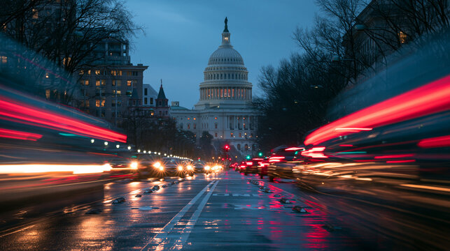 Capitol Building at Dusk with Rush Hour Traffic