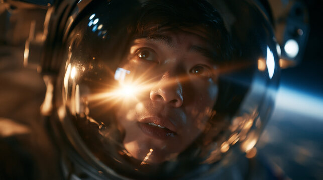 Astronaut in Space Helmet Looking at Distant Light