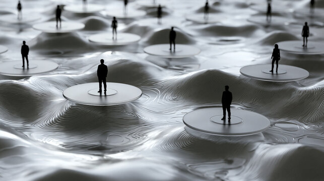 Isolated Individuals Standing on Platforms in Surreal Landscape