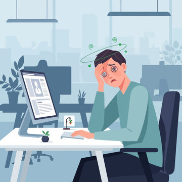 Overworked Businessman Feeling Dizzy At His Desk With Swirling Eyes