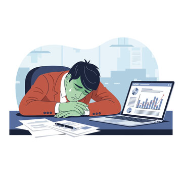 Overworked Businessman Feeling Exhausted At His Desk With Laptop And Charts