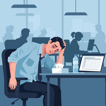 Overworked Businessman Feeling Exhausted And Stressed In A Busy Office Environment