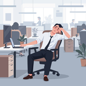 Overworked Businessman Feeling Exhausted In Modern Office Space