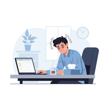 Overworked Businessman Feeling Exhausted At His Desk With Laptop And Coffee