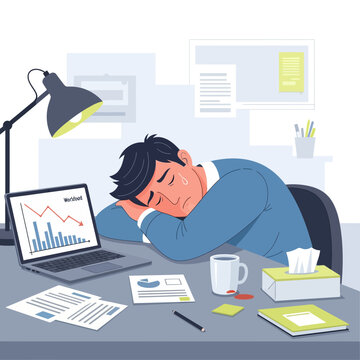 Overworked Businessman Napping At His Desk Feeling Burnout And Stress