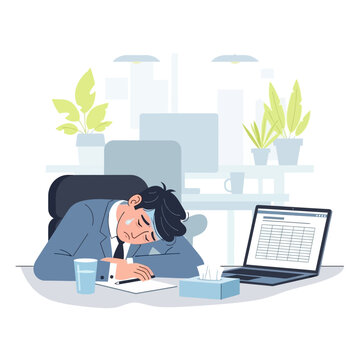 Overworked Businessman Napping At His Desk With Laptop And Tissues Close By